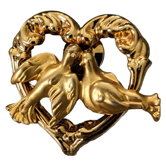 Vintage Jewelry - Vintage Lovebird Valentine's Heart Gold Tone Tack Pin / Brooch